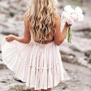 NEW Boho Lace Dot Halter Mini Dress Ruffle Off White Cream Ivory